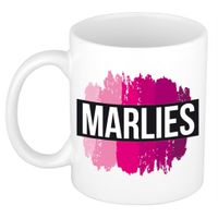 Naam cadeau mok / beker Marlies met roze verfstrepen 300 ml - thumbnail