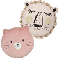 Dieren sierkussens kinderkamer - kat/poes/leeuw - roze/beige - 30/38 cm - polyester Dieren sierkussens kinderkamer - kat/poes/leeuw - roze/beige - 30/38 cm - polyester