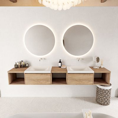 MONDIAZ BUKLA 240cm badmeubel met open module 40 L+M+R kleur Washed Oak met 2 lades. Wastafel CLOUD dubbel 0 kraangaten kleur Talc.
