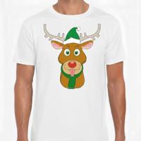 Kerst t-shirt voor heren - wit - Rendier Rudolf - groene kerstmuts
