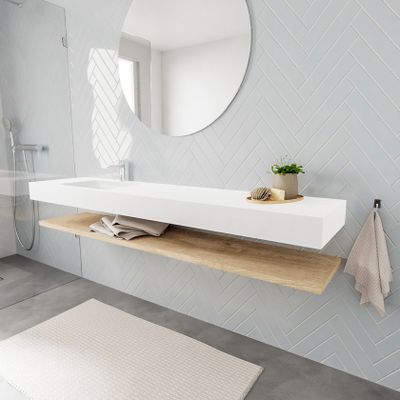 Mondiaz Alan badmeubel 200 cm planchet washed oak vrijhangend wastafel links 1 kraangat wit