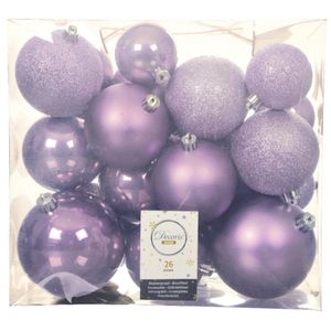 26x stuks kunststof kerstballen heide lila paars 6-8-10 cm glans/mat/glitter