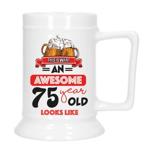 Cadeau Bierpul voor 75 jaar - rood - grappige leeftijd bierpul - keramiek - 530 ml