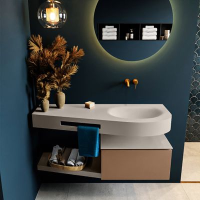 MONDIAZ RIVA 120cm badmeubel onderkast / planchet kleur Rust met 1 lade. Wastafel DULCET rechts 0 kraangaten kleur Linen. MONDIAZ RIVA 120cm badmeubel onderkast / planchet kleur Rust met 1 lade. Wastafel DULCET rechts 0 kraangaten kleur Linen.