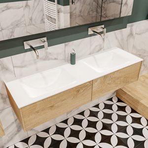 Mondiaz Lush Cloud badmeubel eiken licht 150 cm 2 lades solid surface dubbele spoelbak zonder kraangat