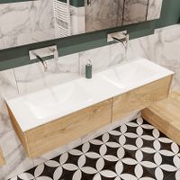 Mondiaz Lush Cloud badmeubel eiken licht 150 cm 2 lades solid surface dubbele spoelbak zonder kraangat