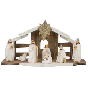 Complete verlichte kerststal - met beelden - wit - L28 x H15 cm