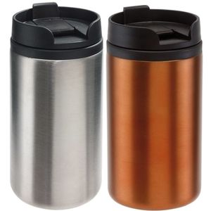 Set van 2x Thermosbekers/warmhoudbekers zilver en oranje 290 ml