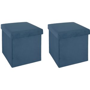 Poef/hocker - 2x - opbergbox - blauw - kunststof/mdf - 38 x 38 x 38 cm - opvouwbaar