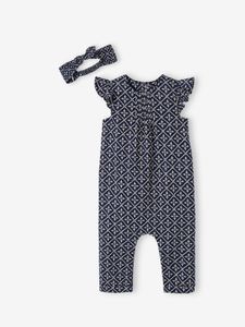 Bedrukt setje pakje + hoofdband baby meisje marineblauw