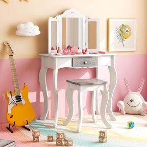 2-In-1 Kinder Kaptafel met Kruk Kaptafel Prinses met Afneembare 3-Voudig Inklapbare Spiegel Lade en 10 Accessoires Make-Upcommode