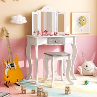 2-In-1 Kinder Kaptafel met Kruk Kaptafel Prinses met Afneembare 3-Voudig Inklapbare Spiegel Lade en 10 Accessoires Make-Upcommode