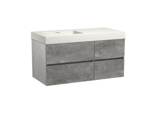 Storke Edge zwevend badmeubel 110 x 52 cm beton donkergrijs met Mata High asymmetrisch linkse wastafel in mat witte solid surface