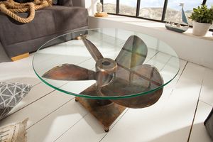 Maritieme salontafel OCEAN M 60cm gevlamd koper rond scheepspropeller glazen blad - 39255