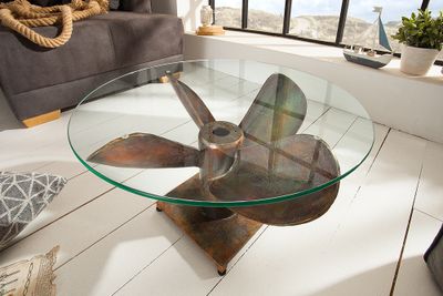 Maritieme salontafel OCEAN M 60cm gevlamd koper rond scheepspropeller glazen blad - 39255