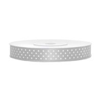 1x Zilveren satijnlint met witte stippen op rollen 1,2 cm x 25 meter cadeaulint verpakkingsmateriaal - Cadeaulinten - thumbnail