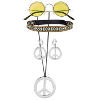 Hippie Sixties verkleed set dames - bril met ronde glazen geel - peace thema ketting met oorbellen