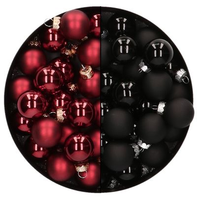 Mini kerstballen - 48x st - donkerrood en zwart - 2,5 cm - glas