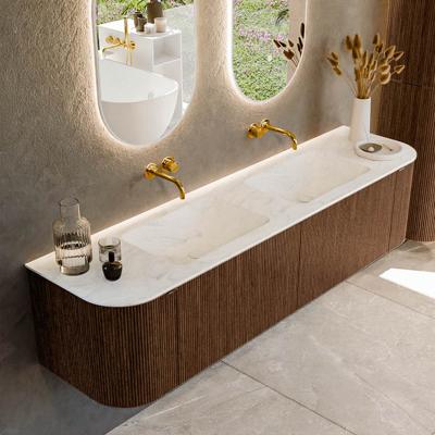 Badmeubel Mondiaz Kurve-Dlux | 180 cm | Meubelkleur Walnut | Wastafelkleur Opalo | Solid surface | Dubbele spoelbak | Zonder kraangat(en)