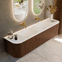 Badmeubel Mondiaz Kurve-Dlux | 180 cm | Meubelkleur Walnut | Wastafelkleur Opalo | Solid surface | Dubbele spoelbak | Zonder kraangat(en)