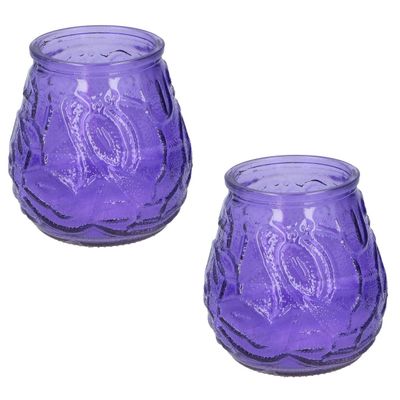 Set van 5x stuks citronella lowboy tafelkaarsen - 10 cm - paars glas - 15 branduren