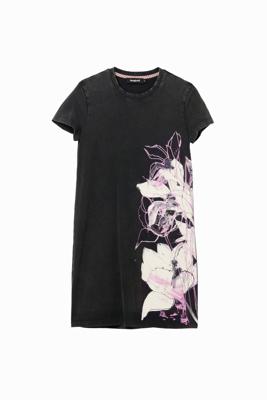 Korte T-shirtjurk met bloemen - BLACK - M