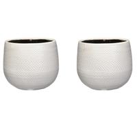 Mica Decorations Plantenpot - Set van 2x stuks - wit - motief - keramiek - 16x14cm