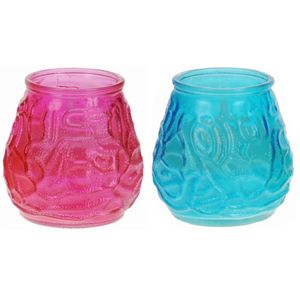 Windlicht geurkaars - 2x - blauw/roze glas - 48 branduren - citrusgeur