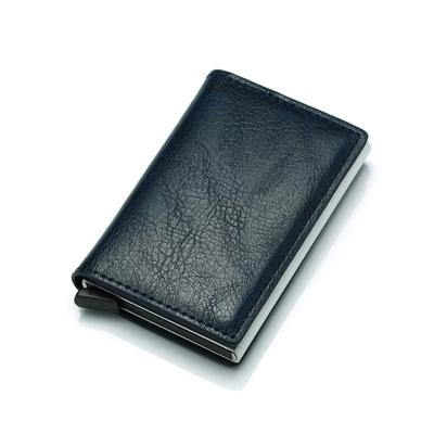 Automatic Elastic Card Type Anti-magnetic RFID Anti-theft Retro Card Package Universal Leather Metal Wallet(Blue )
