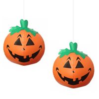 Halloween LED pompoen - 2x - oranje - opblaasbaar - ophangbaar - 24 cm