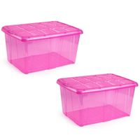 4x Opslagbakken/organizers met deksel 60 liter 63 x 46 x 32 transparant roze - thumbnail