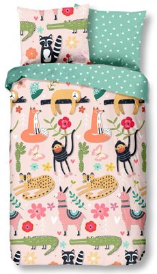 Good Morning dekbedovertrek junior 120 x 150 cm katoen groen/roze Good Morning dekbedovertrek junior 120 x 150 cm katoen groen/roze