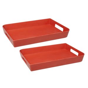 2x stuks dienbladen/serveerbladen rechthoekig 35 x 25 cm koraalrood met handvaten