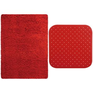 MSV Douche anti-slip mat en droogloop mat - Venice badkamer set - rubber/microvezel - rood