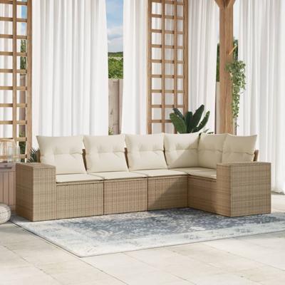 5-delige Loungeset met kussens poly rattan beige