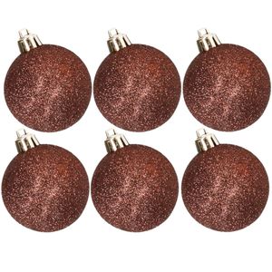 6x stuks kunststof glitter kerstballen donkerbruin 8 cm