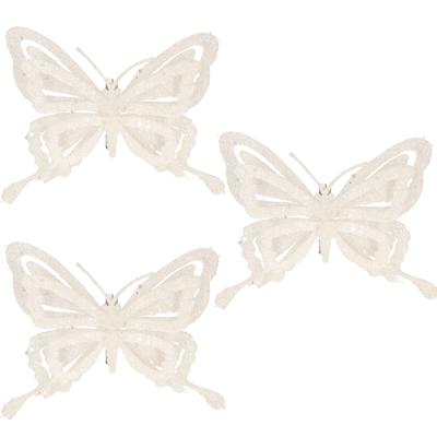 Kerstboomversiering Vlinder - 3x - 14 cm - wit glitter - op clip - ornament