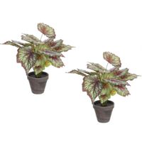 2x stuks begonia kunstplanten rood in grijze sierpot H40 cm x D38 cm