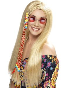 Hippy Party pruik blond met gekleurde kralen