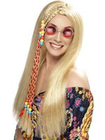 Hippy Party pruik blond met gekleurde kralen
