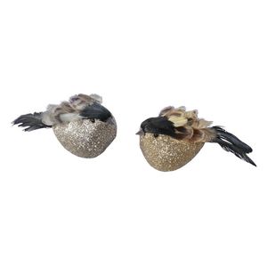 4x Decoratie vogels op clip oker/grijs 11 cm   -