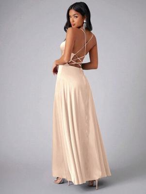 Bon&Bon Lilac Satin Bridesmaid Dress | Cowl Neck Maxi Gown with Split Apricot / S
