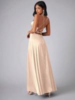Bon&Bon Lilac Satin Bridesmaid Dress | Cowl Neck Maxi Gown with Split Apricot / S