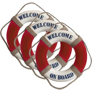 Reddingsboei - 3x - Welcome on board - 35 cm - rood/wit - kunststof - maritiem thema decoratie