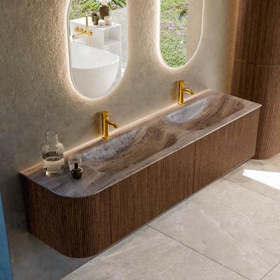 Badmeubel Mondiaz Kurve-Dlux | 175 cm | Meubelkleur Walnut | Wastafelkleur Oza | Solid surface | Dubbel / Rechts spoelbak | 2 kraangaten