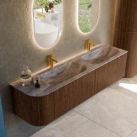 Badmeubel Mondiaz Kurve-Dlux | 175 cm | Meubelkleur Walnut | Wastafelkleur Oza | Solid surface | Dubbel / Rechts spoelbak | 2 kraangaten