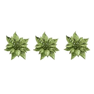 3x stuks decoratie bloemen kerstster groen glitter op clip 18 cm