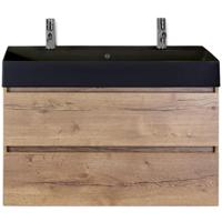 Maxx XL Badmeubelset 100 cm - Natuur Eiken - Wastafel Kube Zwart 2 Kraangaten