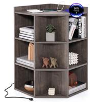 Hoekplank met Oplaadstation op 3 Niveaus Open Houten Plank met 9 Vakken 2 USB-Poorten 4 Stopcontacten voor Boeken Speelgoed