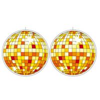 2x stuks Seventies eighties disco thema hangende discobol decoraties geel 28 cm - thumbnail